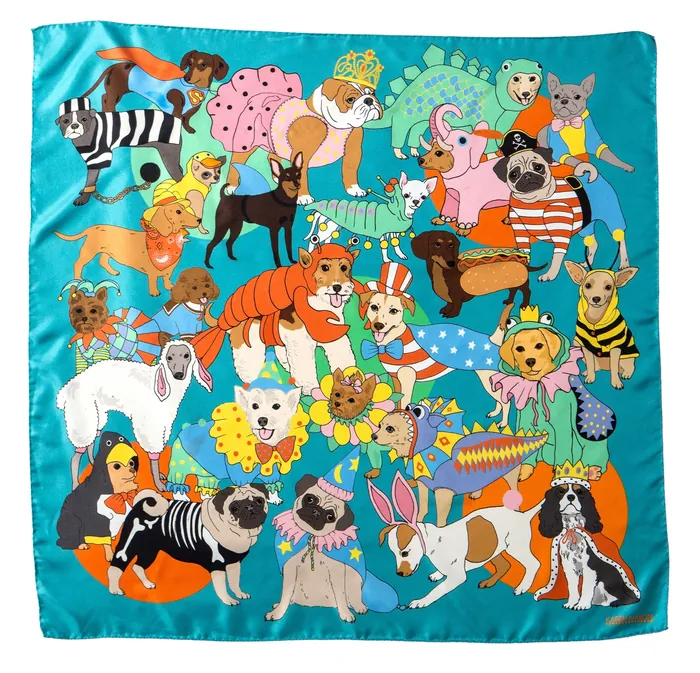 Colorful scarf with various dog breeds, artwork by Karen Mabon