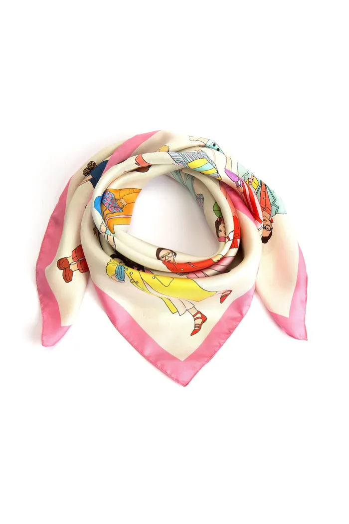 Silk scarf with bright floral and geometric patterns by Karen Mabon