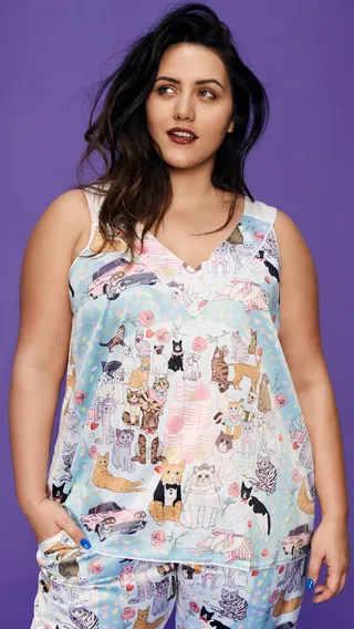 Cat wedding sleeveless silk sleepwear paijama set with shorts