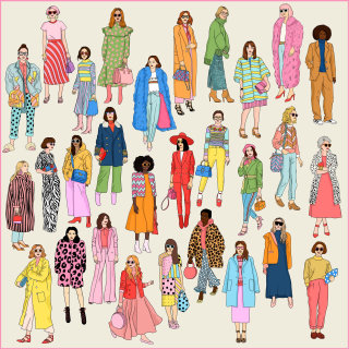 バニラ色のスカーフに描かれた女性の週末の服装のイラスト