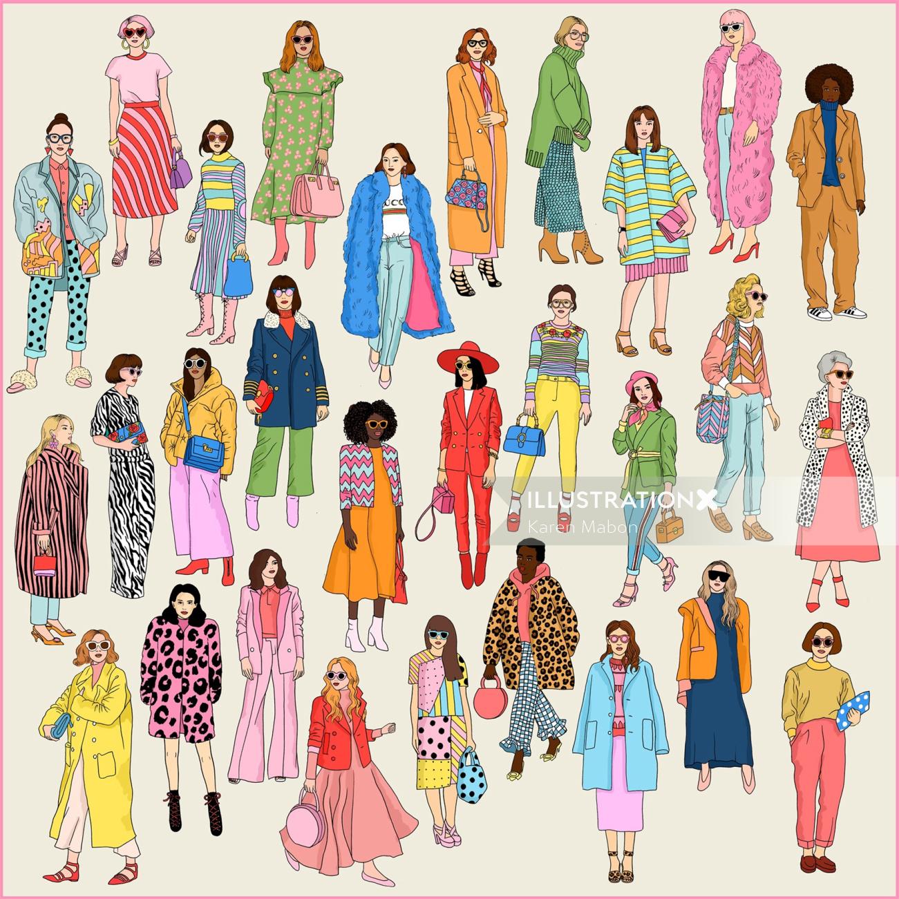 Ilustração de roupa de fim de semana de mulheres no cachecol de baunilha