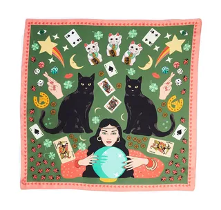 Lucky Day Black Cat Maneki Neko Silk Scarf in Olive