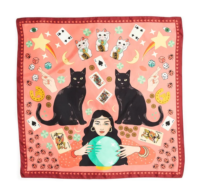 Lucky Day Black Cat Maneki Neko Silk Scarf in pink