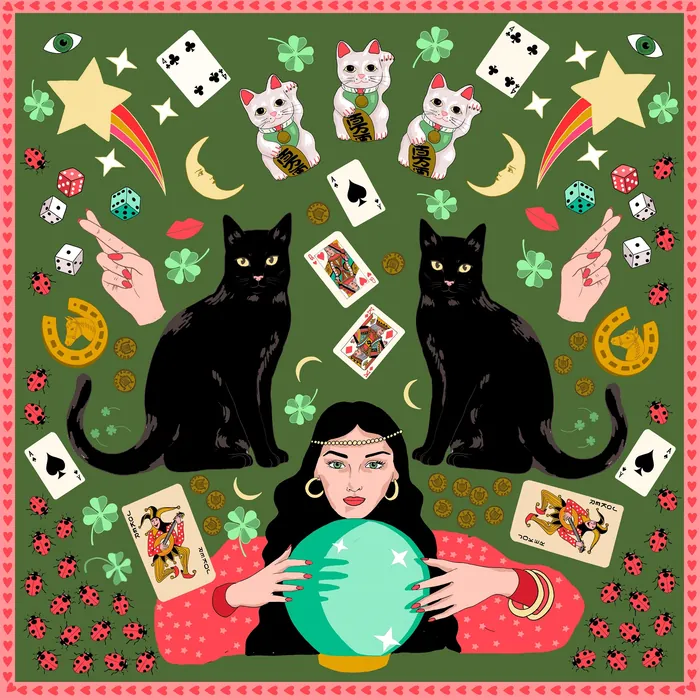 Mystical fortune teller with crystal ball, black cats, tarot cards by Karen Mabon