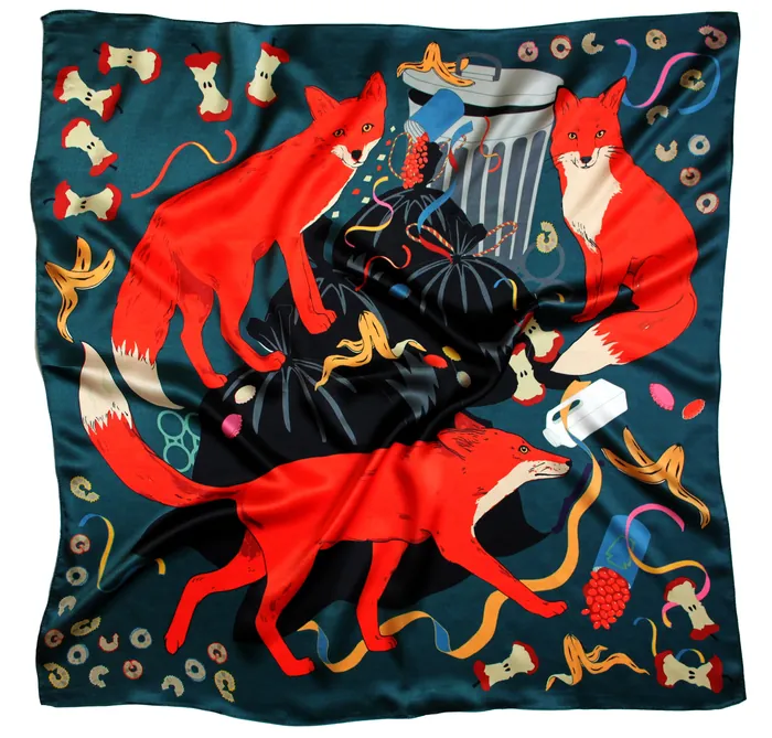 Silk scarf with red foxes and colorful abstract patterns by Karen Mabon