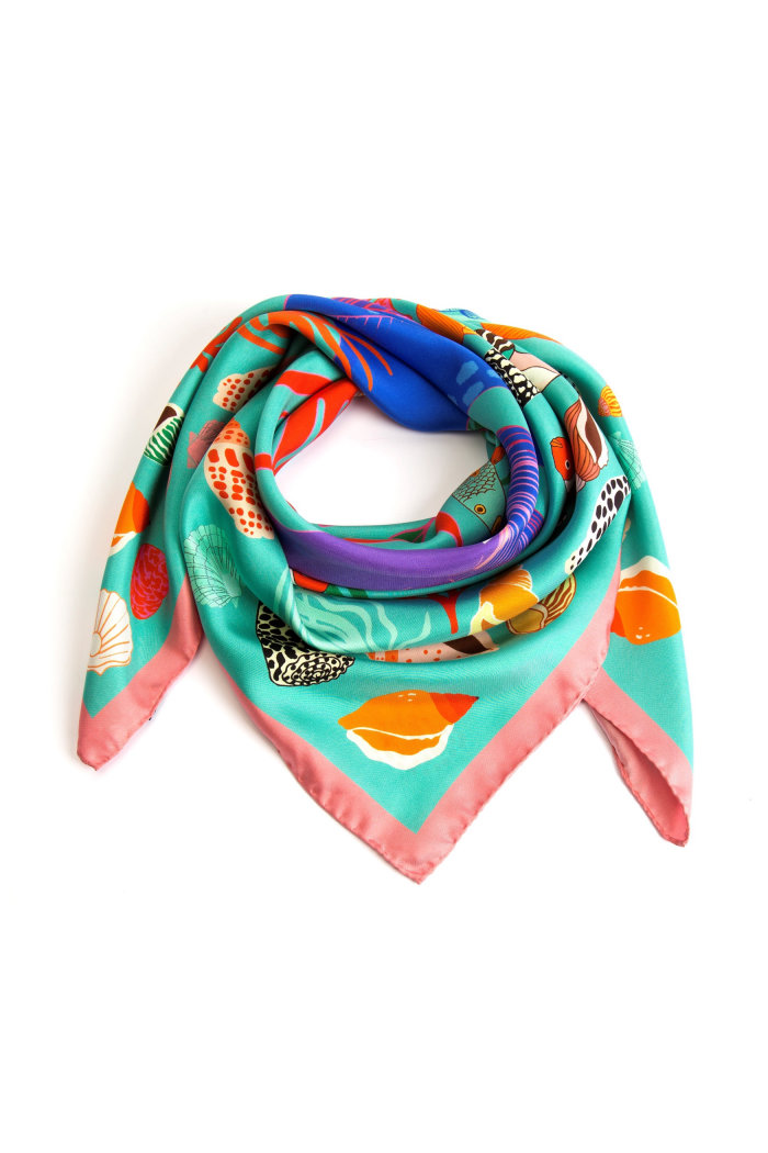 Oyesters and seashells printed on Silk scarf 