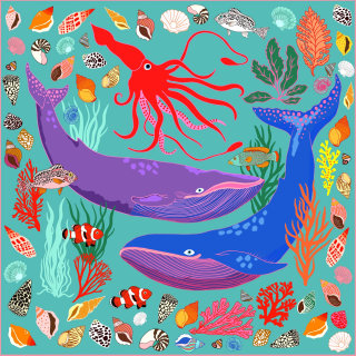 Impresión de calamar y ballena por Karen Mabon