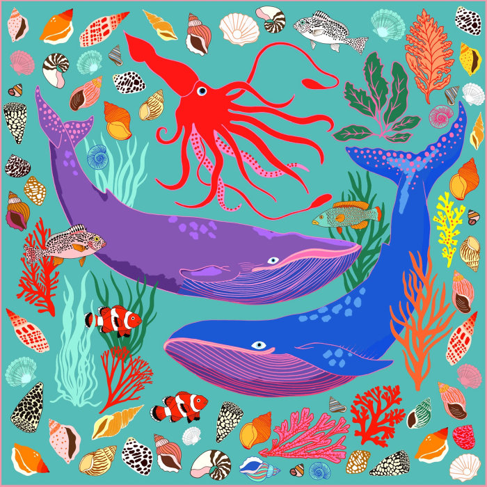 Squid and whale print by Karen Mabon