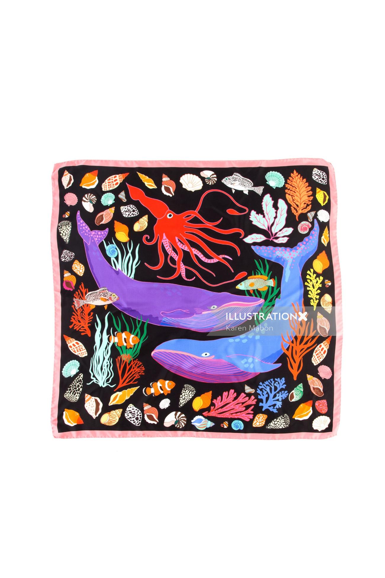 Lenço de sarja de seda de lula e baleia desenhado por Karen Mabon