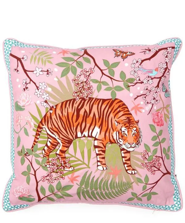 Pink cushion with tiger and floral design by Karen Mabon