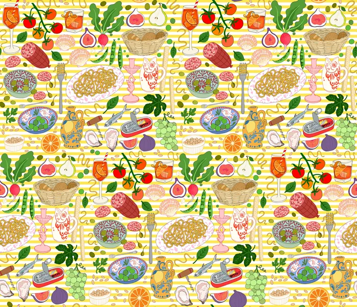 Pattern of assorted fresh vegetables, fruits, and dishes in bright colors.