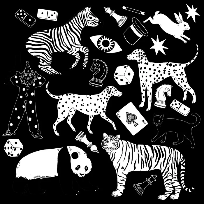 Monochrome illustration featuring animals and board game elements.