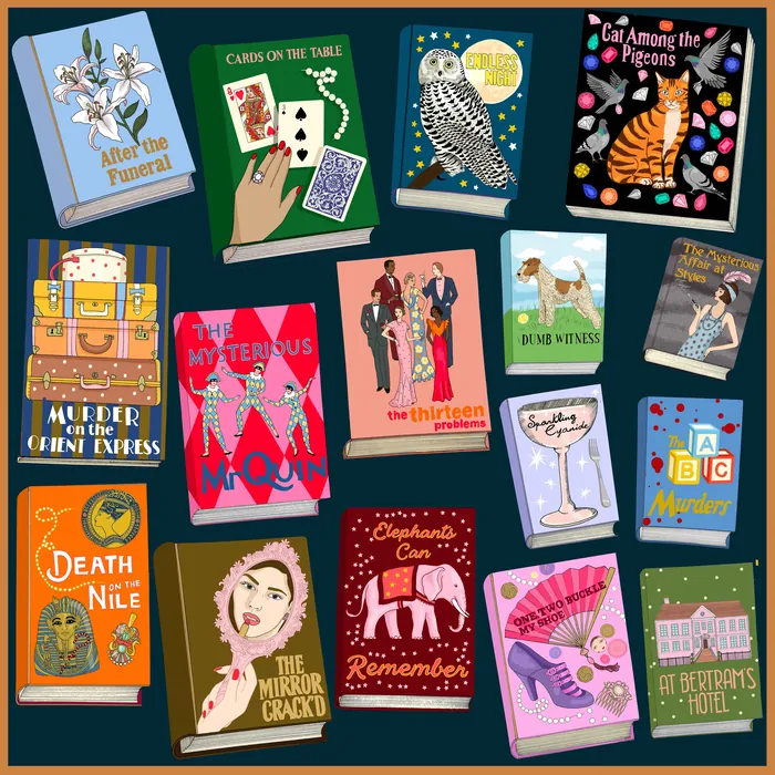 Illustration of various classic mystery and detective book covers