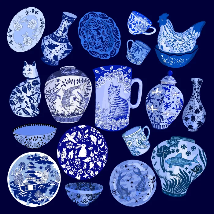 Various blue and white ceramic pottery with animal and floral patterns