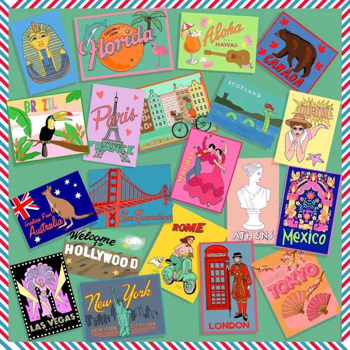 Colorful travel postcards with landmarks and cultural icons from global destinations