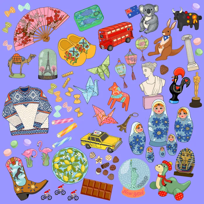 Colorful collection of cultural symbols and travel items on purple background