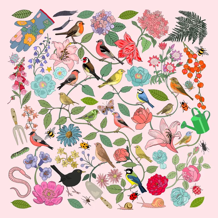 Illustration of birds, flowers, leaves, gardening gloves, and tools on pink background.