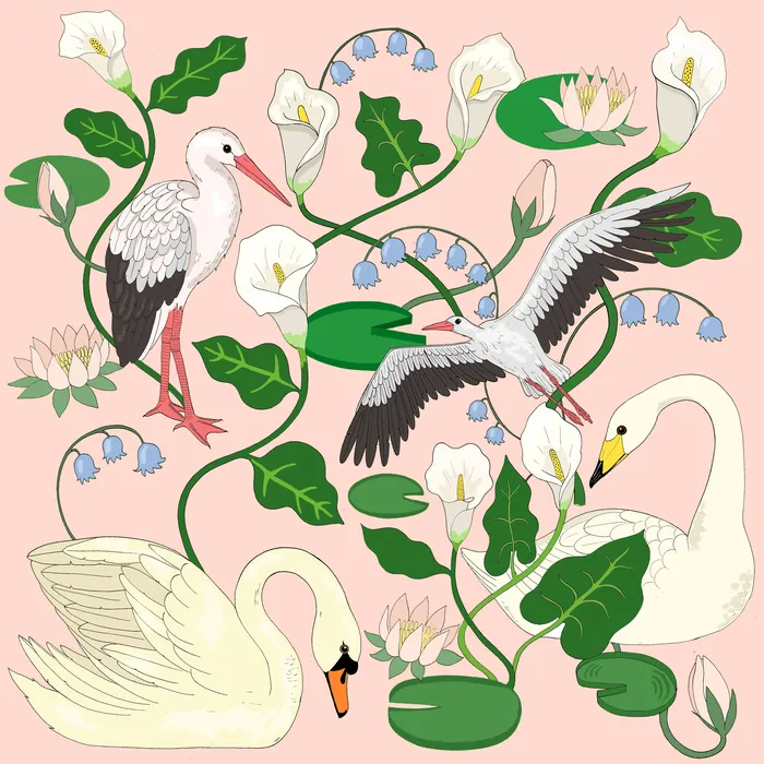 Two white storks and two swans with calla lilies and bluebell flowers on pink background