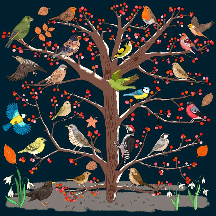 Various colorful birds sitting on branches of a tree with red berries