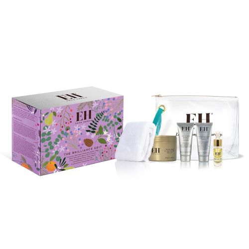 EH skincare gift set including floral box, balm, serum, cloth, and pouch