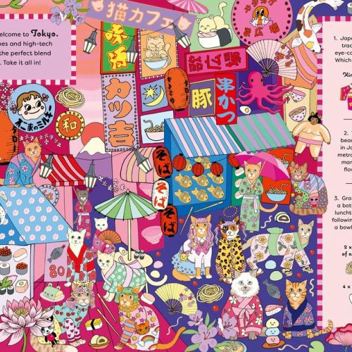 Vibrant illustration of Tokyo street filled with cats, desserts, and signs