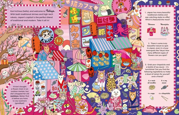 Vibrant illustration of Tokyo street filled with cats, desserts, and signs
