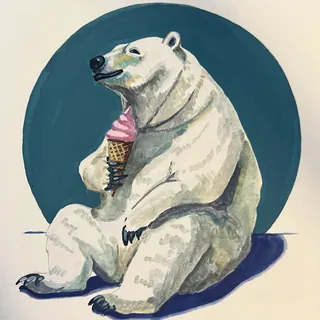 Polar bear sitting and holding a pink ice cream cone