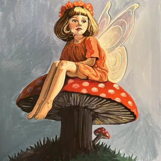 Fairy girl with wings sitting on red and white mushroom