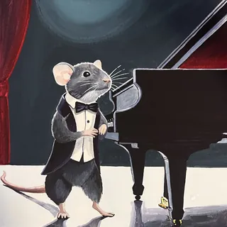 Mouse in tuxedo playing black grand piano on stage