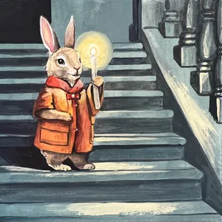 Rabbit wearing a coat holding a candle on staircase