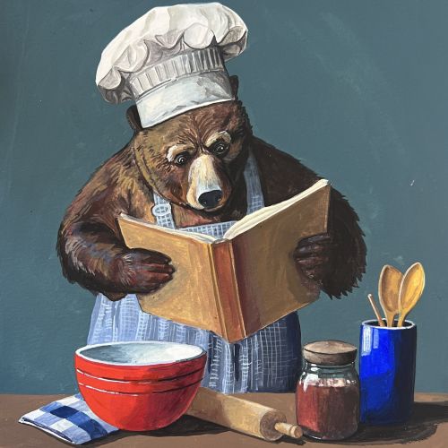 A bear bakes a cake in kids' fantasy artwork