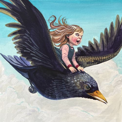 Girl joyfully flying on a giant black bird above clouds