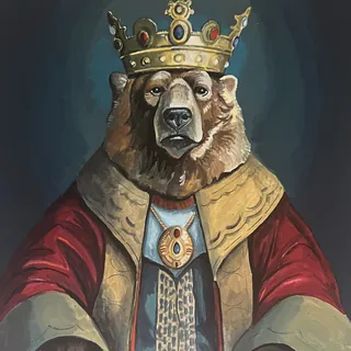 Bear wearing a royal crown and red robe as a king