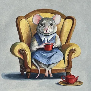 Mouse in blue dress sitting on yellow armchair holding a red cup