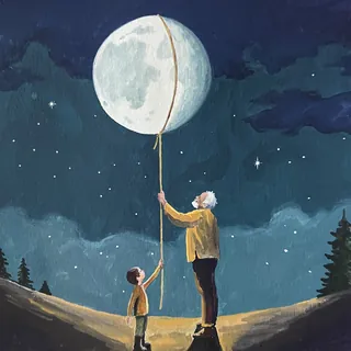 Grandparent and child holding rope tied to moon under starry sky