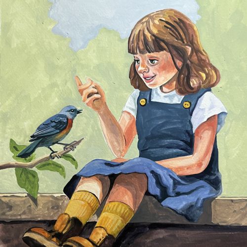 Girl in blue dress sitting and talking to a bird perched on a branch