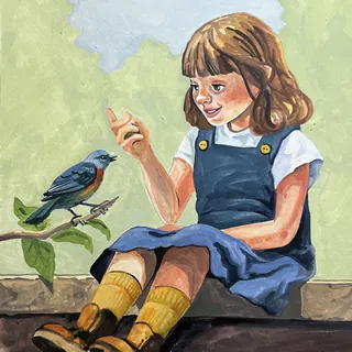 Girl in blue dress sitting and talking to a bird perched on a branch