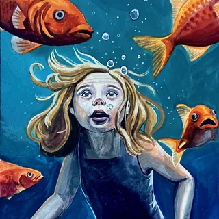 Girl underwater with wide eyes surrounded by orange fish and bubbles.