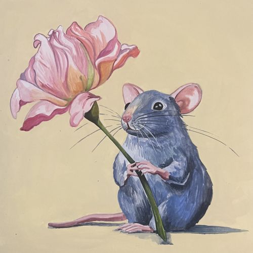 Gouache painting on paper of a mouse in love