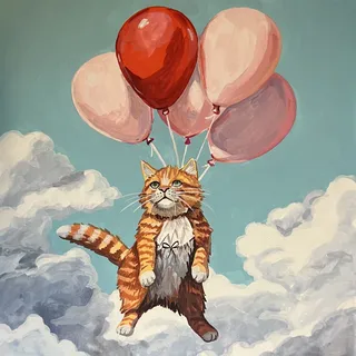 Painting of a cat soaring through the sky