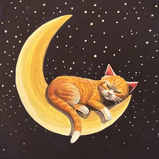 Orange cat sleeping on crescent moon with stars in night sky