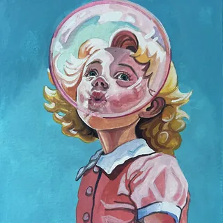 Girl with blonde hair blowing bubble gum inside a clear space helmet