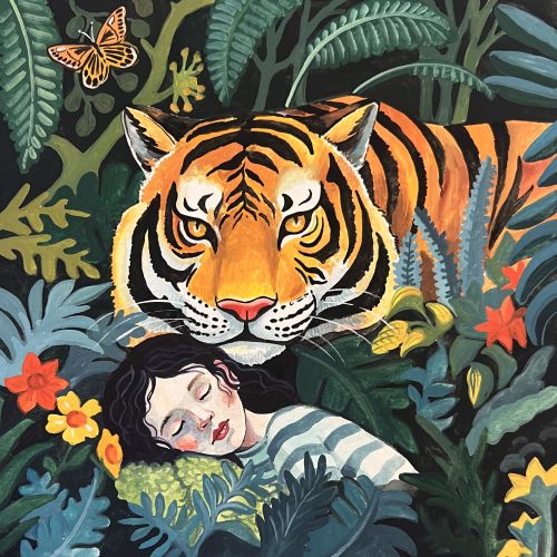 Sleeping woman resting near tiger in dense jungle with butterflies and flowers