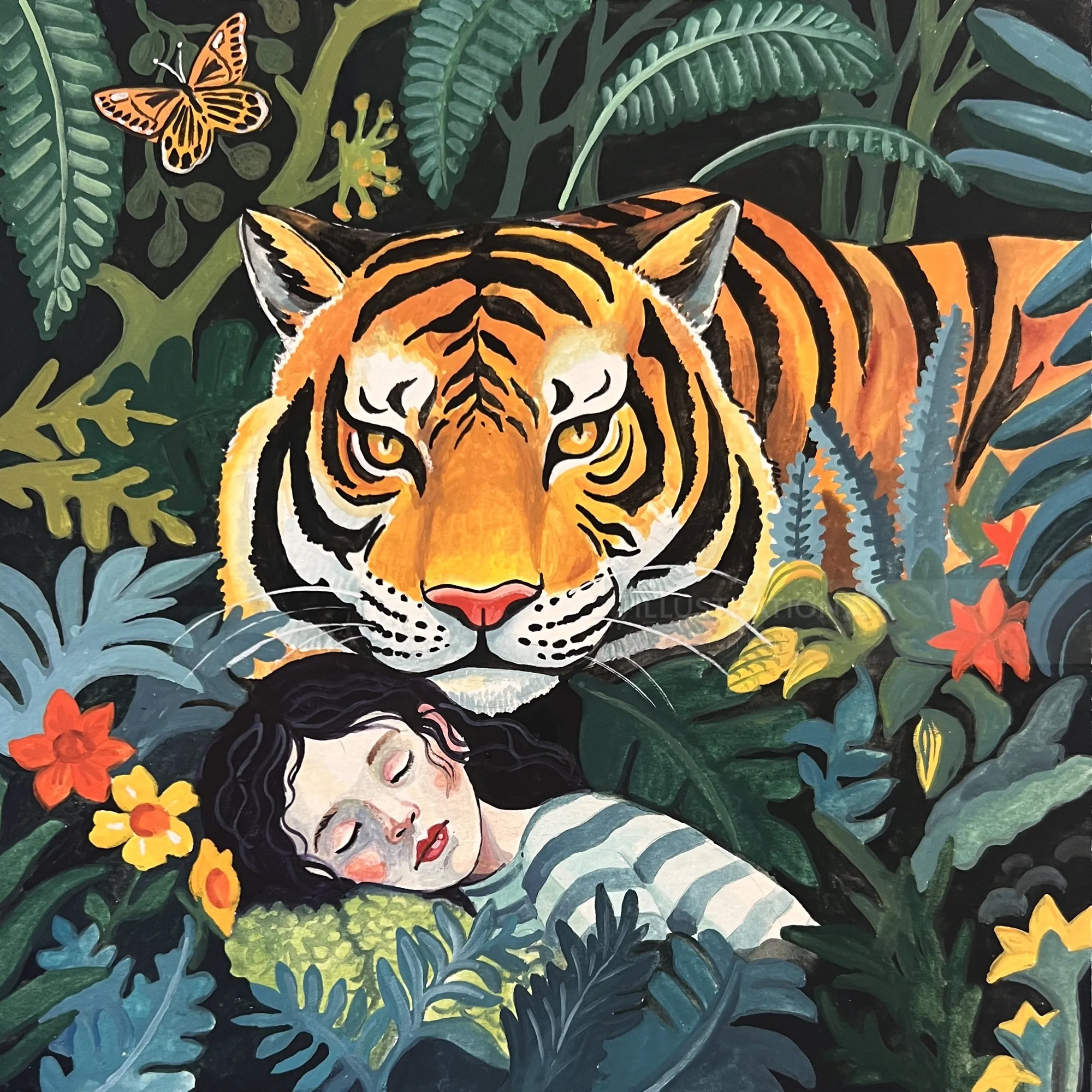 Sleeping woman resting near tiger in dense jungle with butterflies and flowers