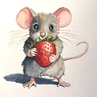 watercolor painting of a mouse holding a big red strawberry