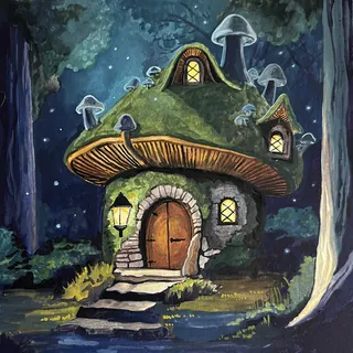 Mushroom-shaped fantasy house glowing at night in a forest