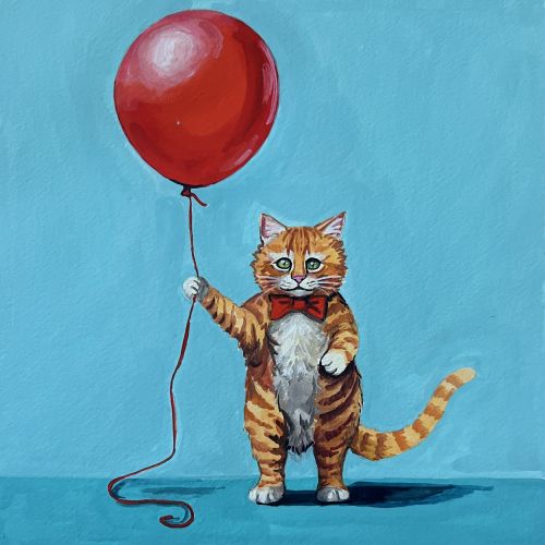 Cat wearing a red bow tie holding a red balloon on blue background