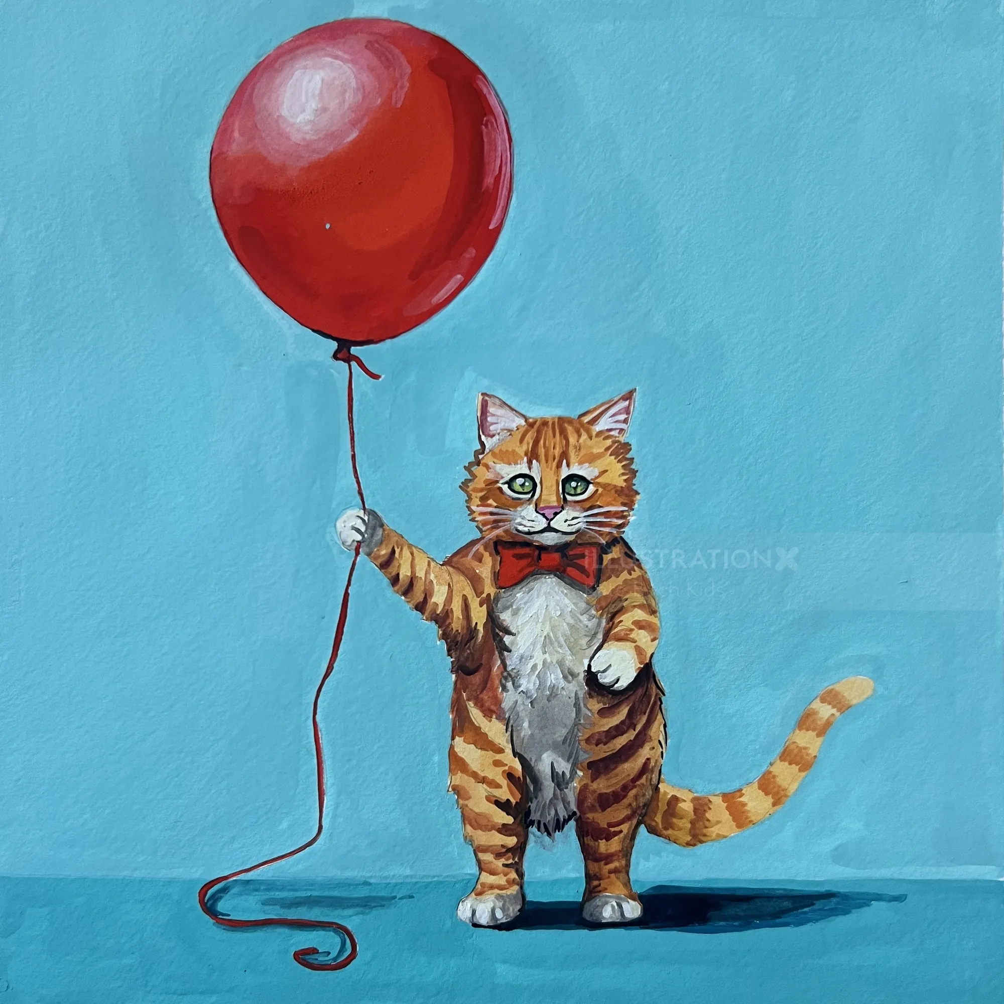 Gato con una pajarita roja sosteniendo un globo rojo sobre fondo azul