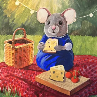 Mouse in blue dress holding cheese at outdoor picnic with basket