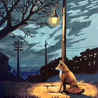 Fox illuminated by streetlamp under a dark cloudy sky at night
